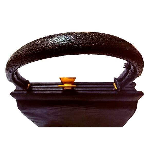 Vtg Crouch & Fitzgerald Black Reptile Leather Handbag with Brass Hardware - Picture 11 of 13